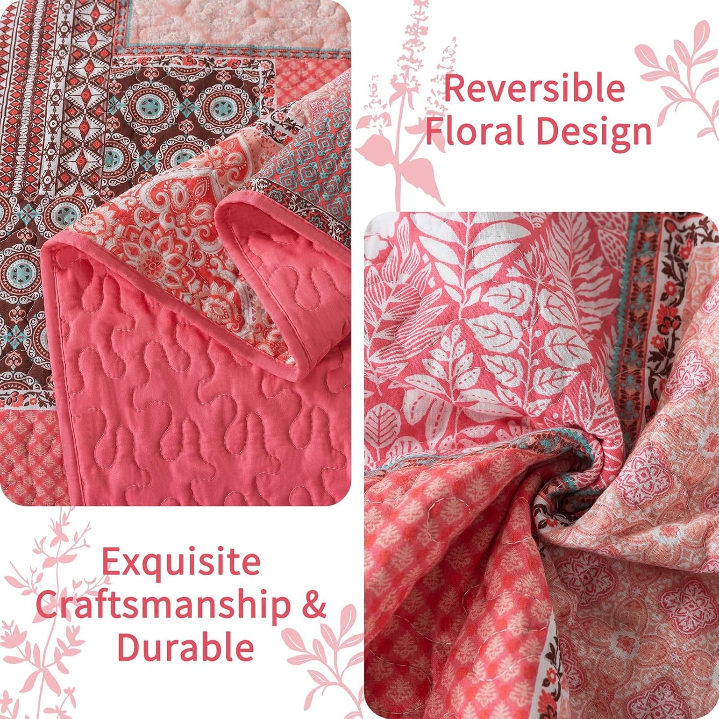 VAPUTAR Cotton Quilts Queen Size, Pink Farmhouse Bedspreads Queen Size (90 * 98 in) - 3 Pieces Lightweight Patchwork Floral Queen Quilt Bedding Set, Queen Coverlet Set Suitable for All Season