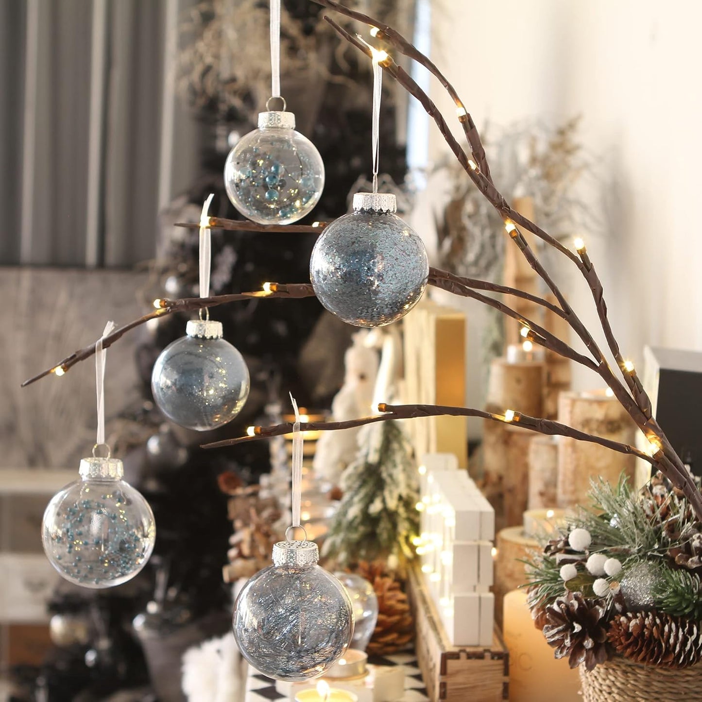 Sea Team Shatterproof Clear Plastic Christmas Ball Ornaments Decorative Xmas Balls Baubles Set with Stuffed Delicate Decorations (60mm/2.36 inch 30-Pack, Stone Blue)