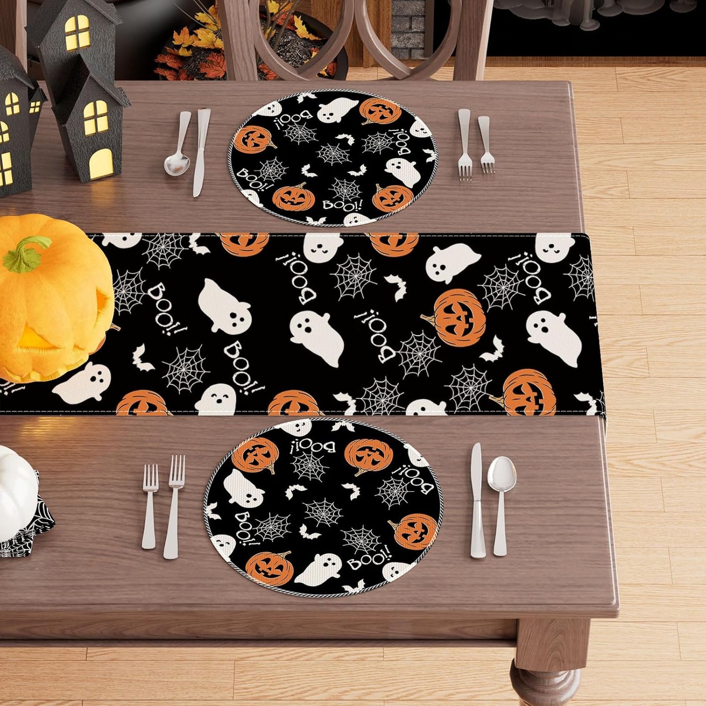 XCHI Boo Spooky Ghost Pumpkin Halloween Round Placemats Set of 4 Table Mats Table Decorations 14x14 Inch