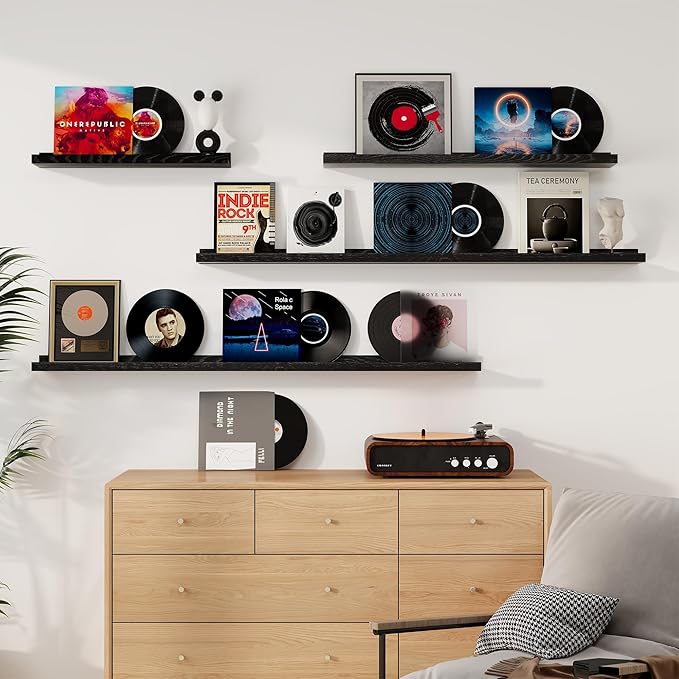 Floating Picture Ledge Shelves 55 Inch Solid Oak Wood Set of 2, Rustic Wall Storage Shelves with Lip, Kids Bookshelf, Photo & Picture Ledge Shelves for Bedroom, Living Room, Kitchen