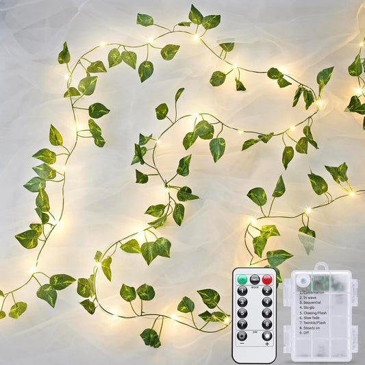 JMEXSUSS 33Ft Vines with Lights Battery Operated, 100 LED Pothos Leaf Vine Lights for Bedroom Wall Room Party Wedding Decoration (Warm White)