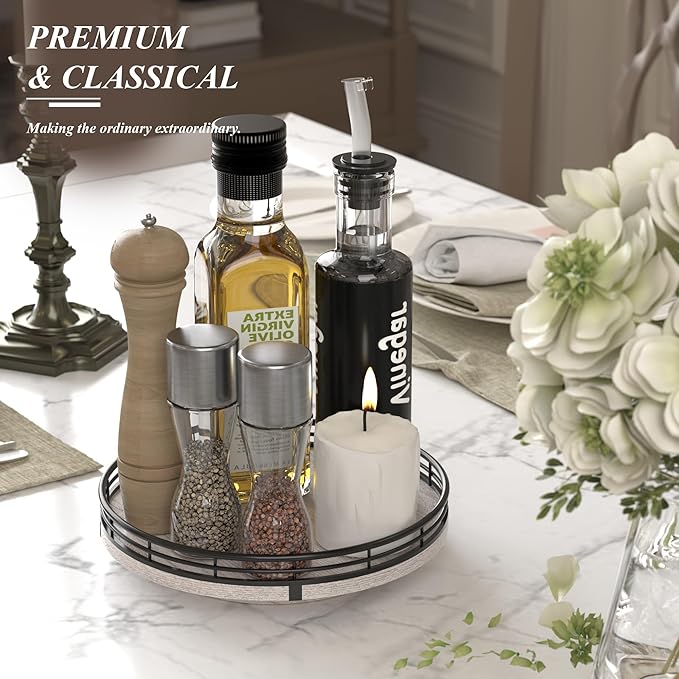 9" Wooden Lazy Susan Organizer for Cabinet, Turntable Round Decorative Tray for Kitchen Sink, Countertop Organizer, Bathroom Counter Organizer for Skincare Makeup, Rustic White