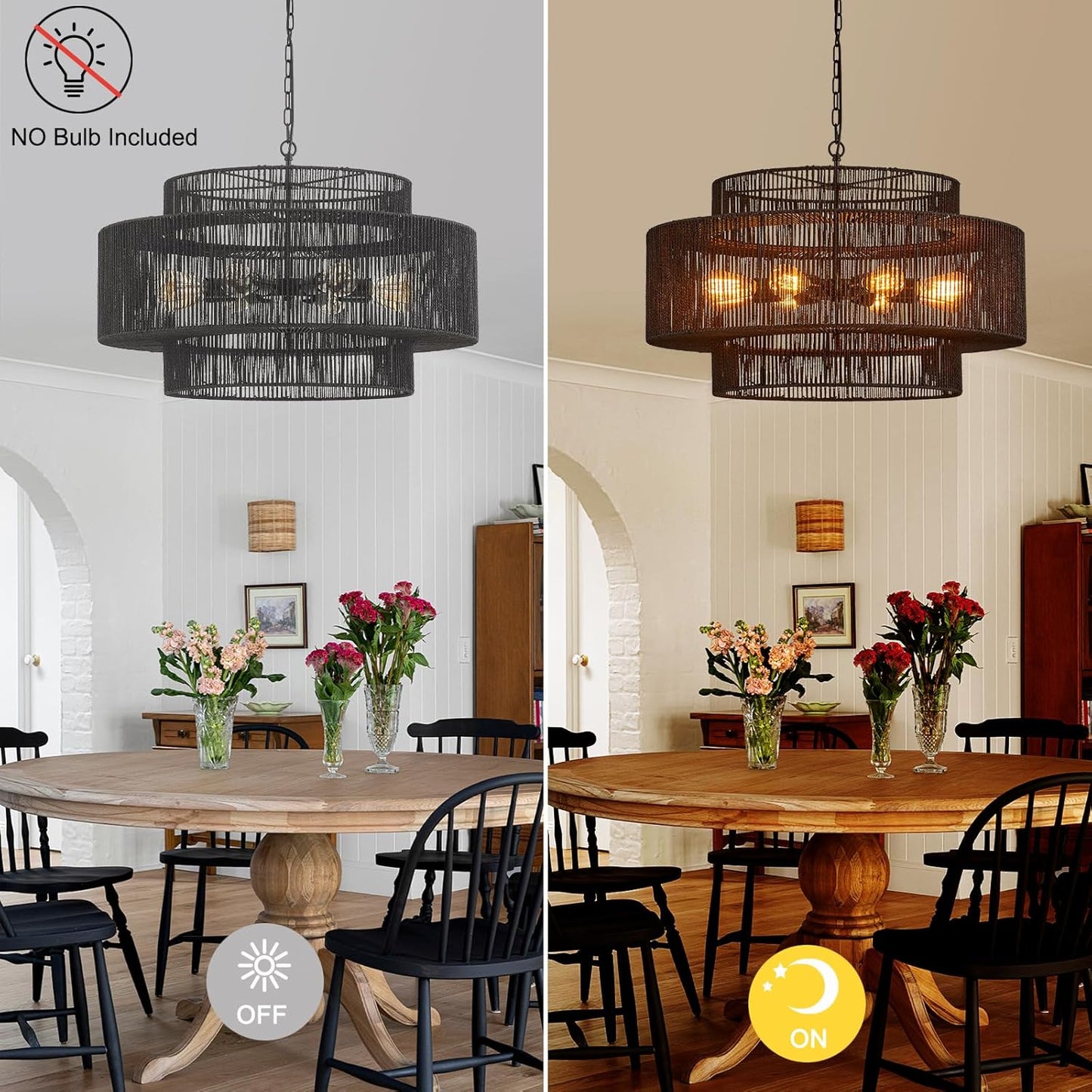 30" Large Hand-Woven Rattan 8-Light Farmhouse Boho Bamboo Chandeliers Light Fixture Retro 3-Tier Drum Wicker Rattan Black Chandelier for Dining Room, Kitchen Island, Bedroom