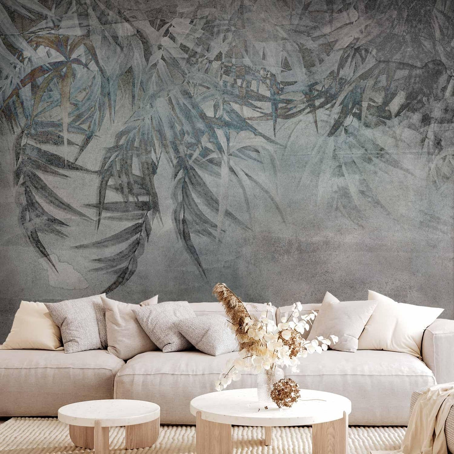 artgeist Wall Mural Leaves 193x138 in - XXL Peel and Stick Self-Adhesive Wallpaper Removable Large Sticker Foil Wall Decor Print Picture Image Design Palm Leaves Concrete Nature Grey b-C-10103-a-a