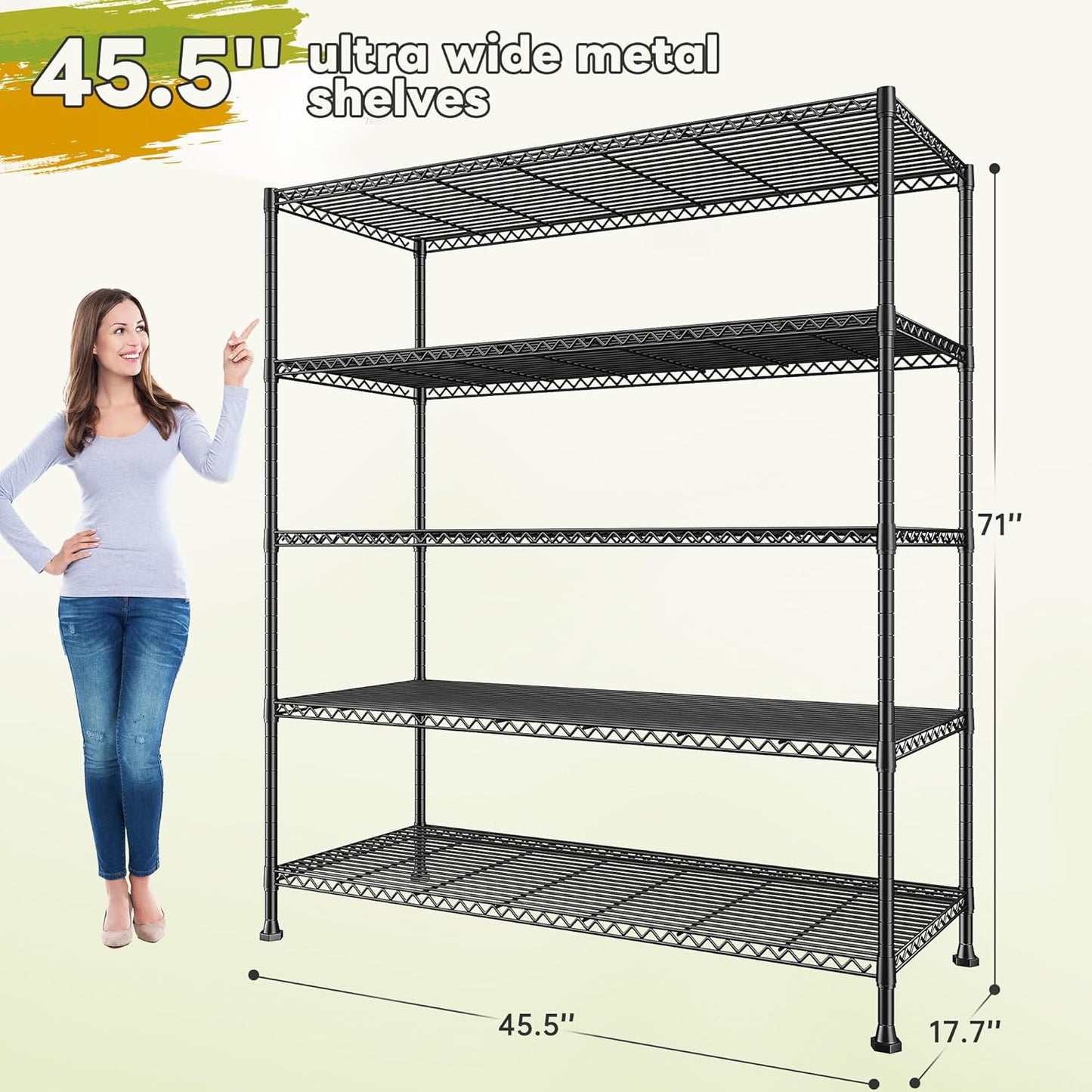 REIBII 45.5''W Storage Shelves Wire Shelving, 5 Tier Pantry Shelves for Storage Rack, Adjustable Metal Shelving for Pantry Kitchen Steel Shelving, 45.5" W x 71" H x 17.7" D