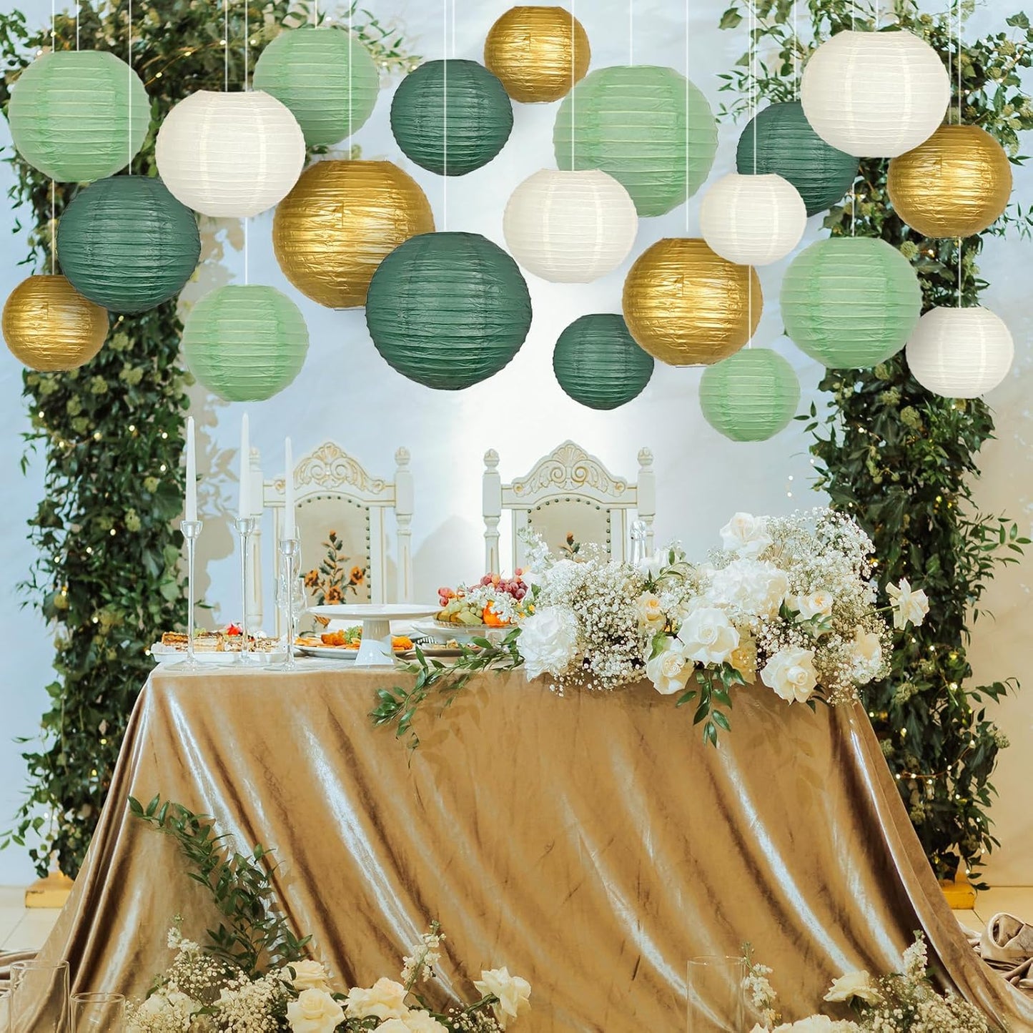 ADLKGG Sage Green Gold Paper Lanterns Decorative, Round Hanging Paper Lanterns for Graduation Wedding Bridal Shower Birthday Party Neutral Baby Shower Decorations, 21pcs