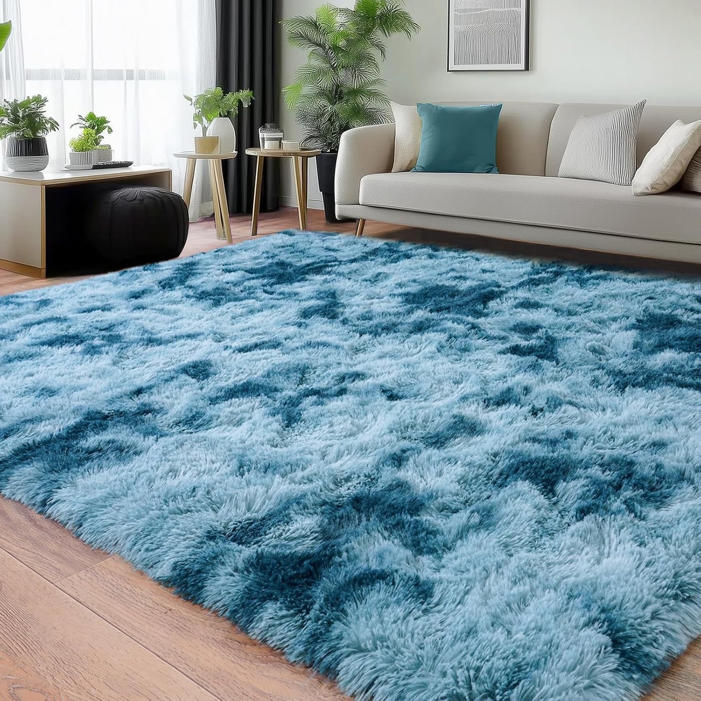 Rezutan Fluffy Rug for Living Room Bedroom, Soft Large Comfy Modern Shaggy Fuzzy Plush Indoor Nursery Home Decor Bedside Rug with Non-Slip Bottom, Tie Dye Peacock Blue Rugs, 8X10 Feet