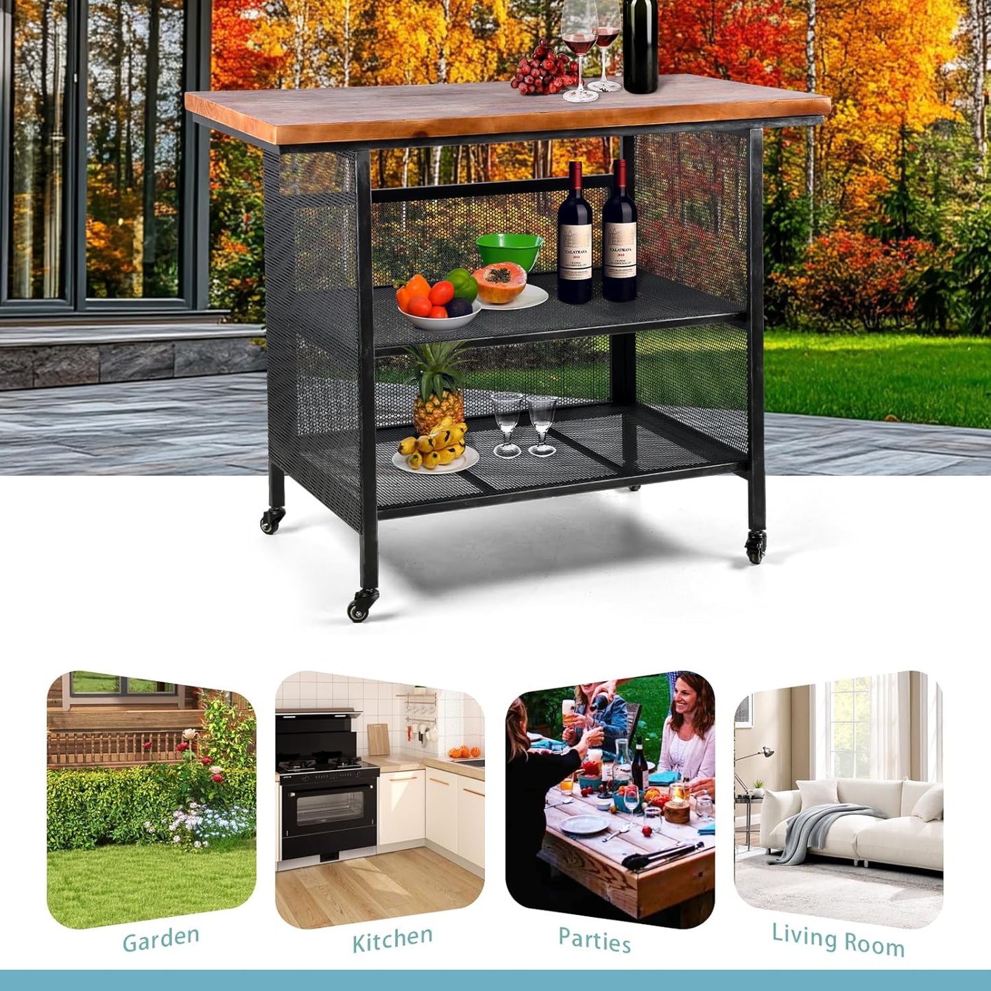 Rustic 3-Tiered Serving Cart with Casters Vintage Rolling Bar Cart for Kitchen Living Room Industrial Mobile Barbecue Cart for Outdoor&Indoor 47.2 * 19.7 * 36.6in L*W*H