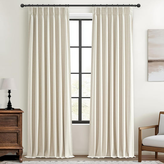 Warm Cream Extra Long Pleated Black Out Curtains 105 Inches Long for Living Room, Natural Linen Blend Patio Door Curtain with Track&Back Tab 2 Panels Set Insulated Privacy Window Drapes (40"Wx105"L）