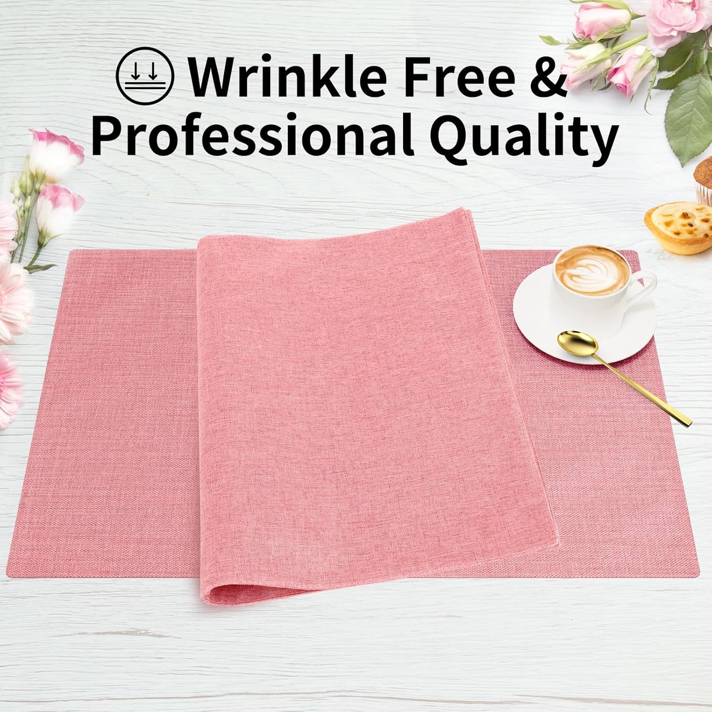 Cloth Placemats, Set of 6 Heat-Resistant Cotton Linen Blend Double Layered Machine Washable Place Mats, Wrinkle Free Thick Fabric Dining Table Mats for Indoors & Outdoors (Baby Pink, 6)