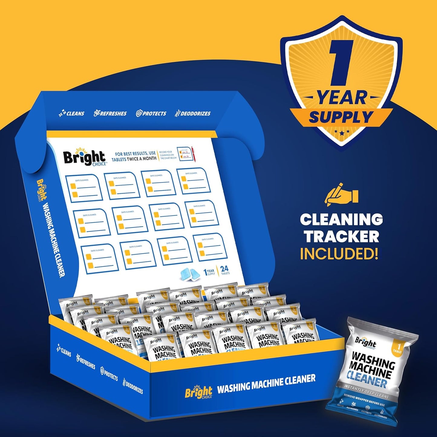 Washing Machine Cleaner Tablets 24 Pack - Deep Cleaning Tablets for Front & Top Load, Works With HE Washers, Removes Residue, Odor & Pet Hair - 12 Month Supply of Washer Cleaner Descalers, Septic Safe