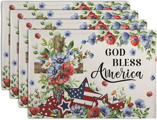 4th of July Placemats Set of 4 Patriotic Floral Cross Stars Independence Memorial Day Place Mats 12x18 Inch God Bless America Linen Fabric Table Mats for Party Kitchen Dining Decoration