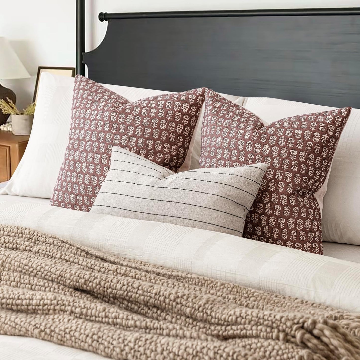 Foindtower Set of 2 Decorative Vintage Floral Print Throw Pillow Covers Neutral Modern Farmhouse Cushion Covers Boho Home Decor for Sofa Chair Couch Bedroom Living Room Outdoor,18×18 Inch,Wine Red