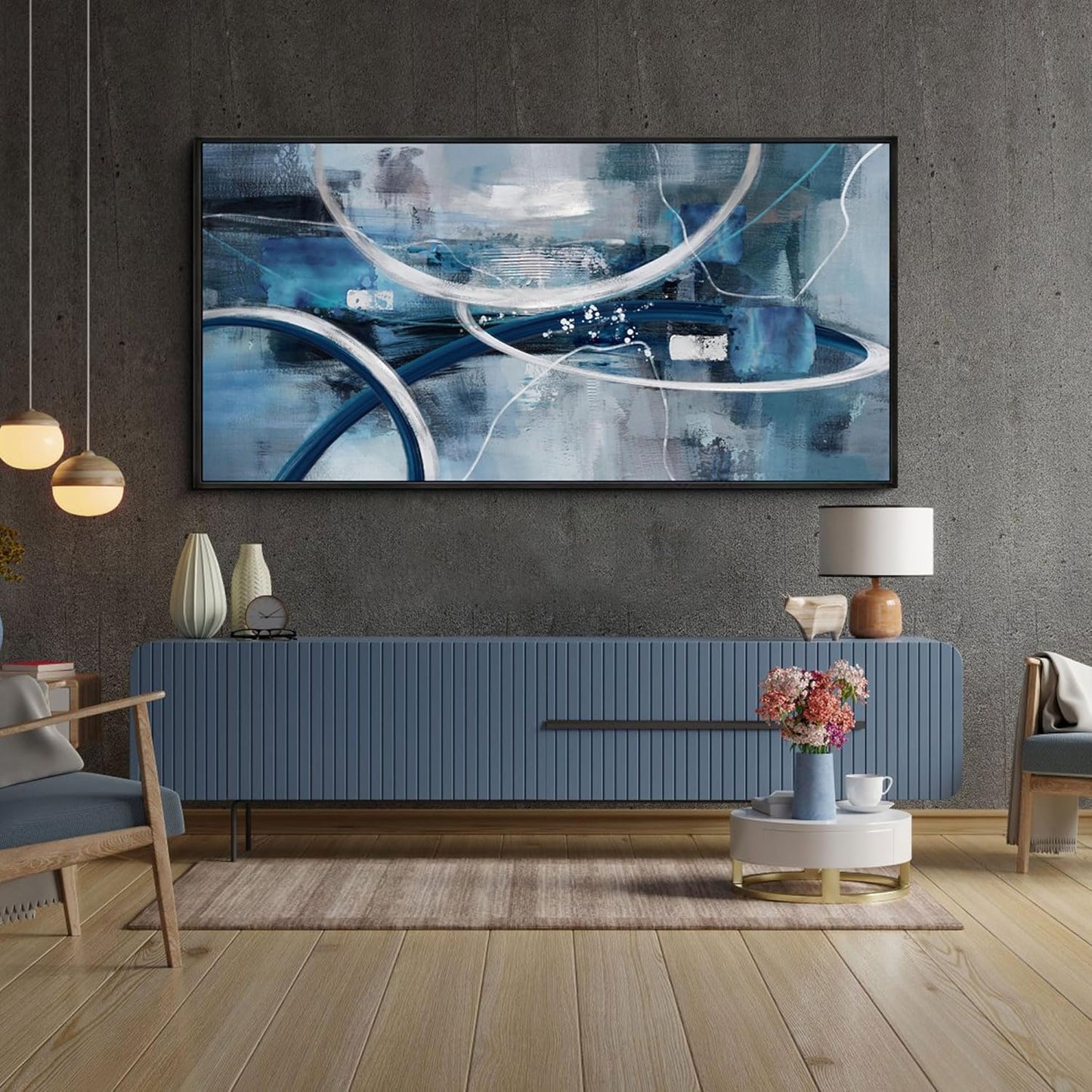 XLSJERST Large Abstract Canvas Wall Decor - Modern Living Room Wall Art Elegant Combination of Tones Black and White Gray Background Blue Gradient Picture Size 24x48