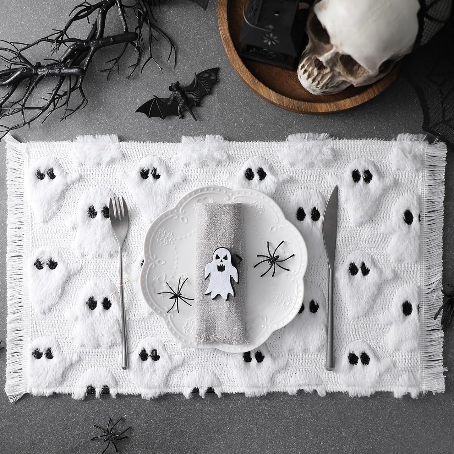 Nuanchu 4 PCS White Ghost Boo Placemats 13 x 19 Inch Halloween Soft Plush Faux Fur Wool Table Mats Halloween Placemats for Party Kitchen Dining Decoration