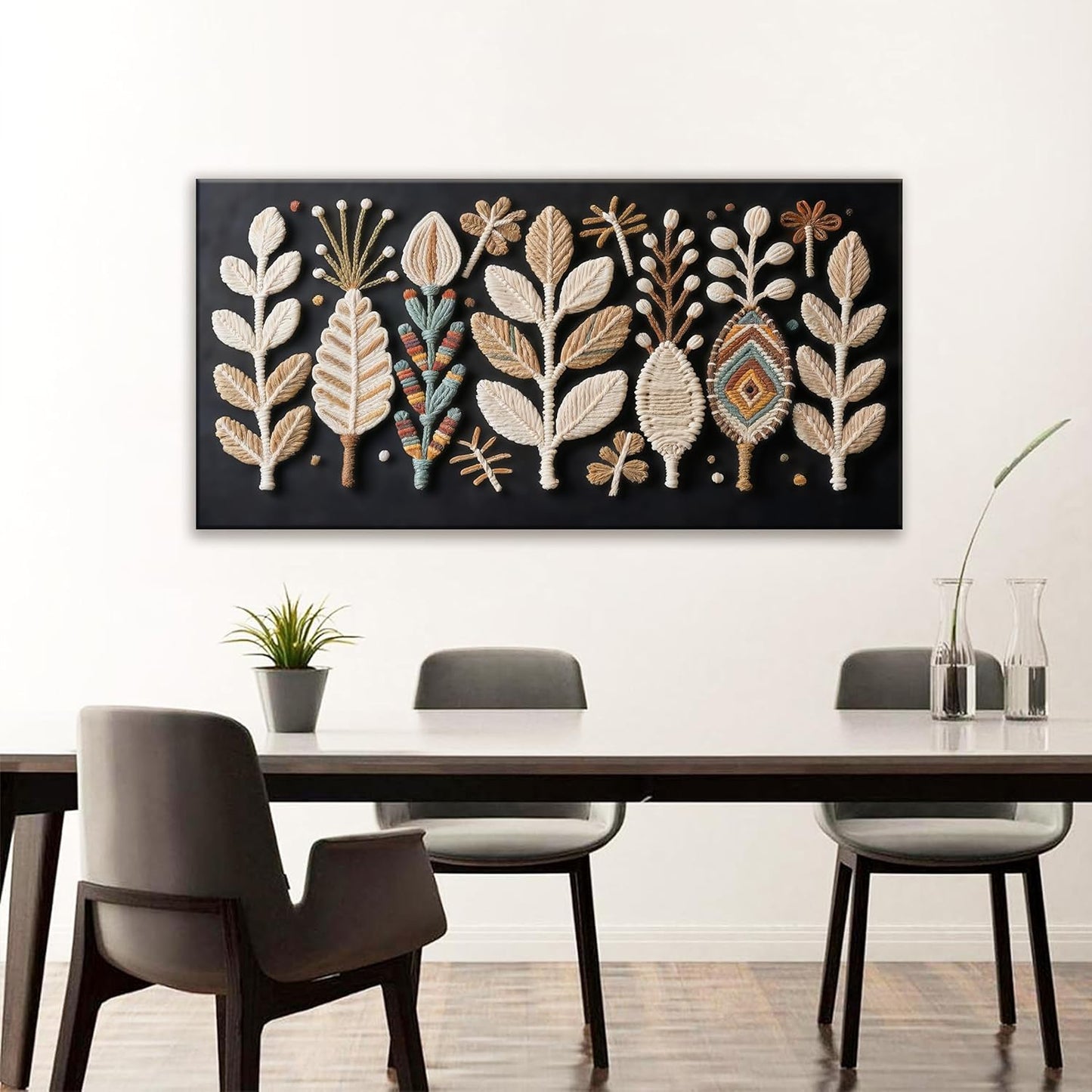 Boho Black Wall Art Chic Home Wall Art Modern Multicolor Leaves Feather Canvas Wall Art Decor For Living Room Bedroom Apartment Kitchen 24"W X 48"L Ready To Hanging