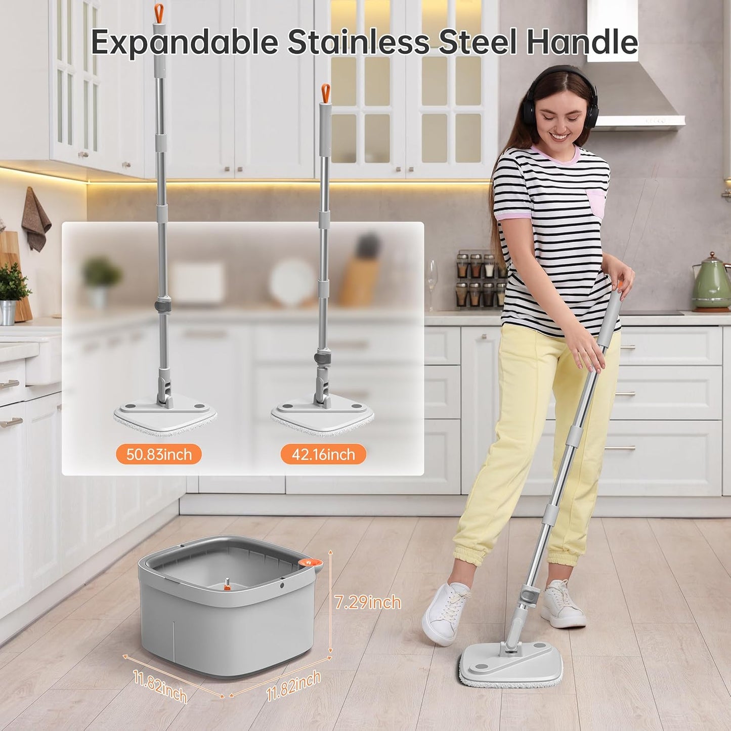 KZKR Spin Mop and Bucket Set with Self Separation Dirty and Clean Water System, Self Wringing 360° Rotating Square Mop Head for Home Floors Cleaning (1.0 Mop and Bucket Set (2 Pads))