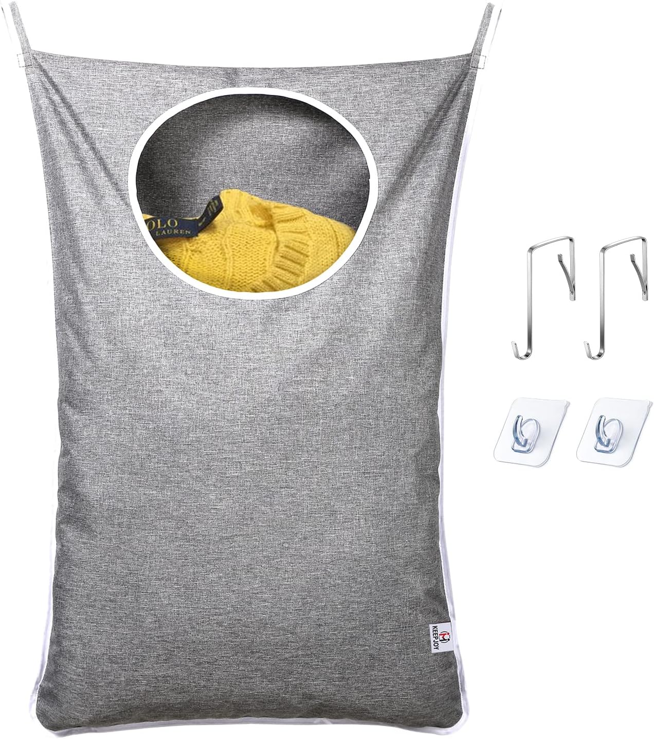 KEEPJOY Hanging Laundry Hamper Bag with Free Adjustable Stainless Steel Door 2 PCs Suction Cup Hooks, Best Choice for Holding Dirty Clothes and Saving Space, Grey