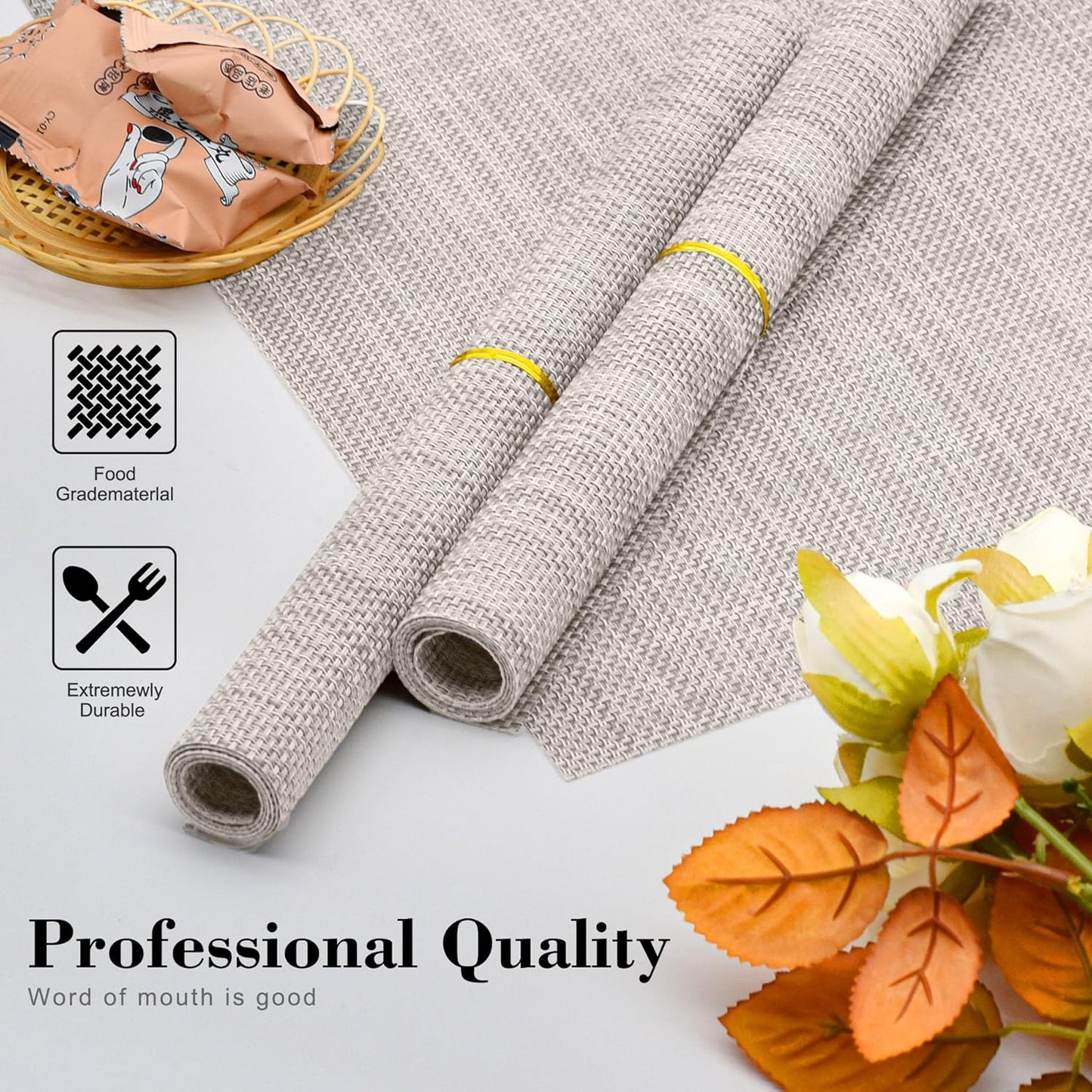 CADONO Placemats Set of 6 Washable Indoor/Outdoor Vinyl Place Mats for Dining Table Durable Non-Slip Heat Resistant PVC Weave Table Mats（Beige Green Cross）