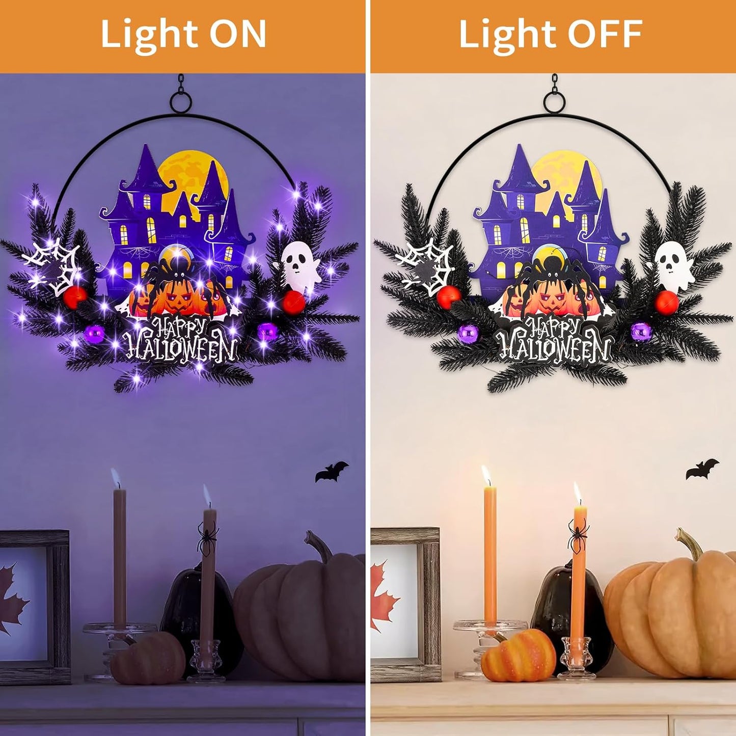 Lighted Halloween Wreaths for Front Door, Welcome Metal Wooden Door Wreath Decor Hanging Sign, 30 LED Lighted Wall Decor Battery Operated for Halloween Indoor Outdoor (Spider)