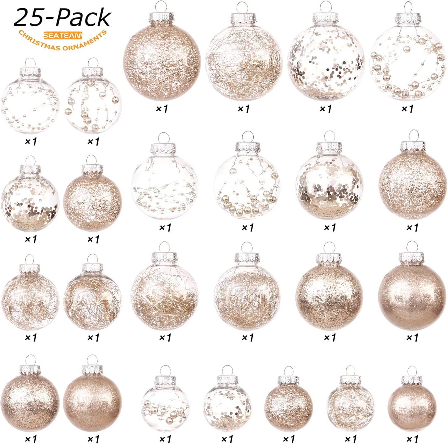 Sea Team Christmas Baubles Set Clear Plastic Shatterproof Multi-Size Decorative Christmas Baubles with Stuffed Delicate Decorations (25 Pieces, Champagne)