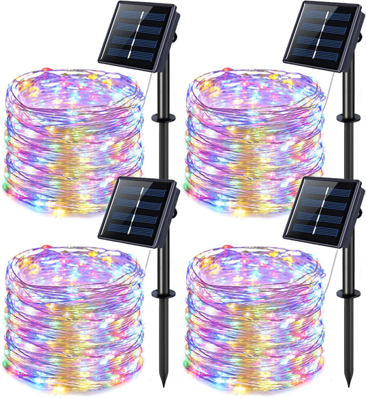 JMEXSUSS 4 Pack 100 LED Solar Christmas Lights, 33ft Solar String Lights Outdoor Waterproof, 8 Modes Multicolor Solar Fairy Lights for Garden Yard Tree Christmas Decorations