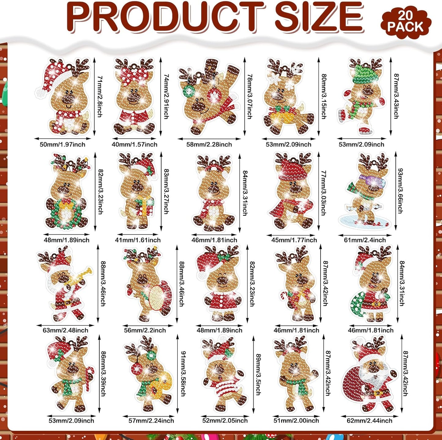 Tondiamo 20 Pcs Christmas Diamond Painting Keychain Kits 5D DIY Diamond Art Pendants Double Sided Hanging Key Chains for Christmas Party Decoration DIY(Deer Style)