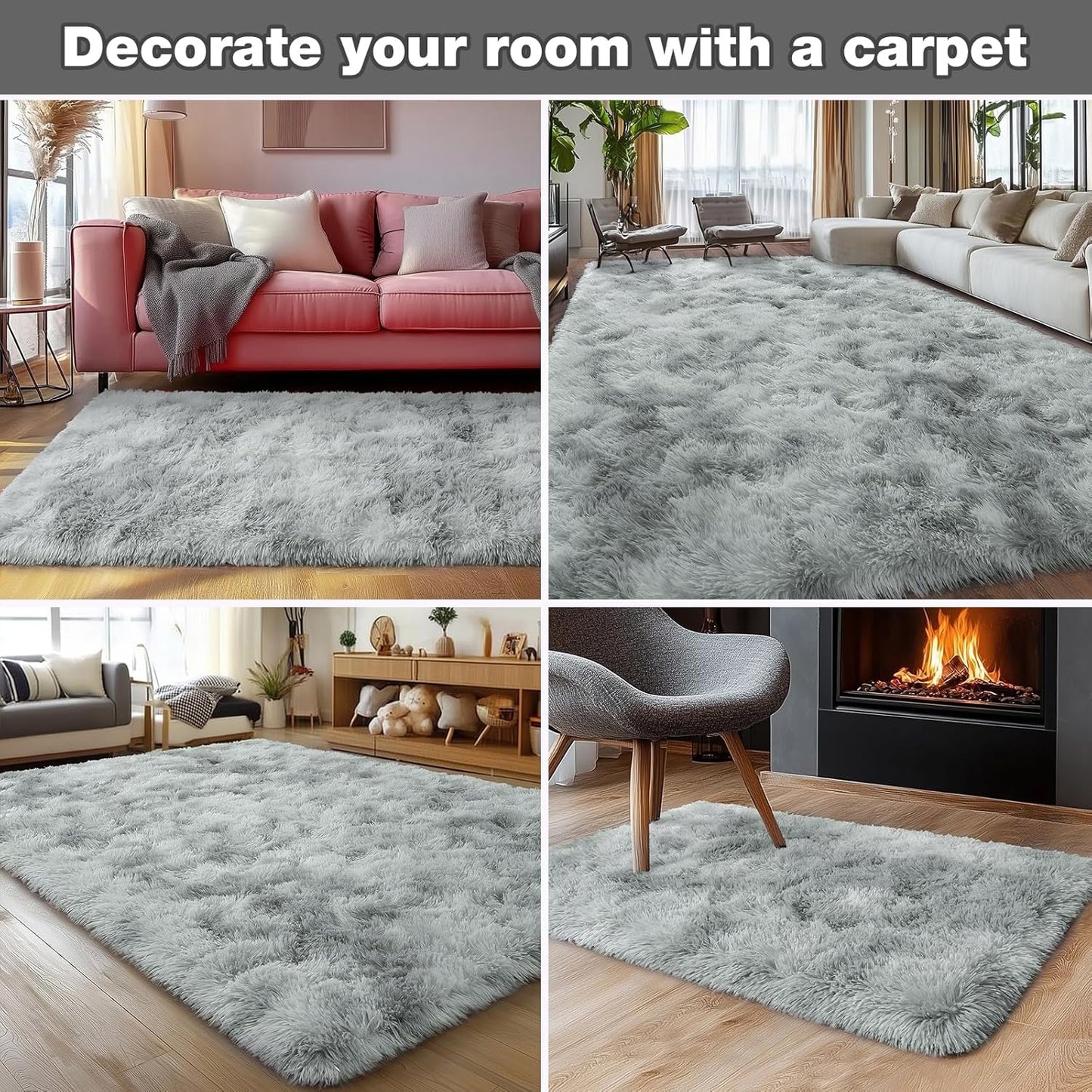 Rezutan Area Rugs 9x12 Living Room, Large Fluffy Rugs for Bedroom, Soft Carpet Shag Kids Room Rug,Fuzzy Rugs Indoor W/Non-Slip Bottom (Grey Tie-Dyed)