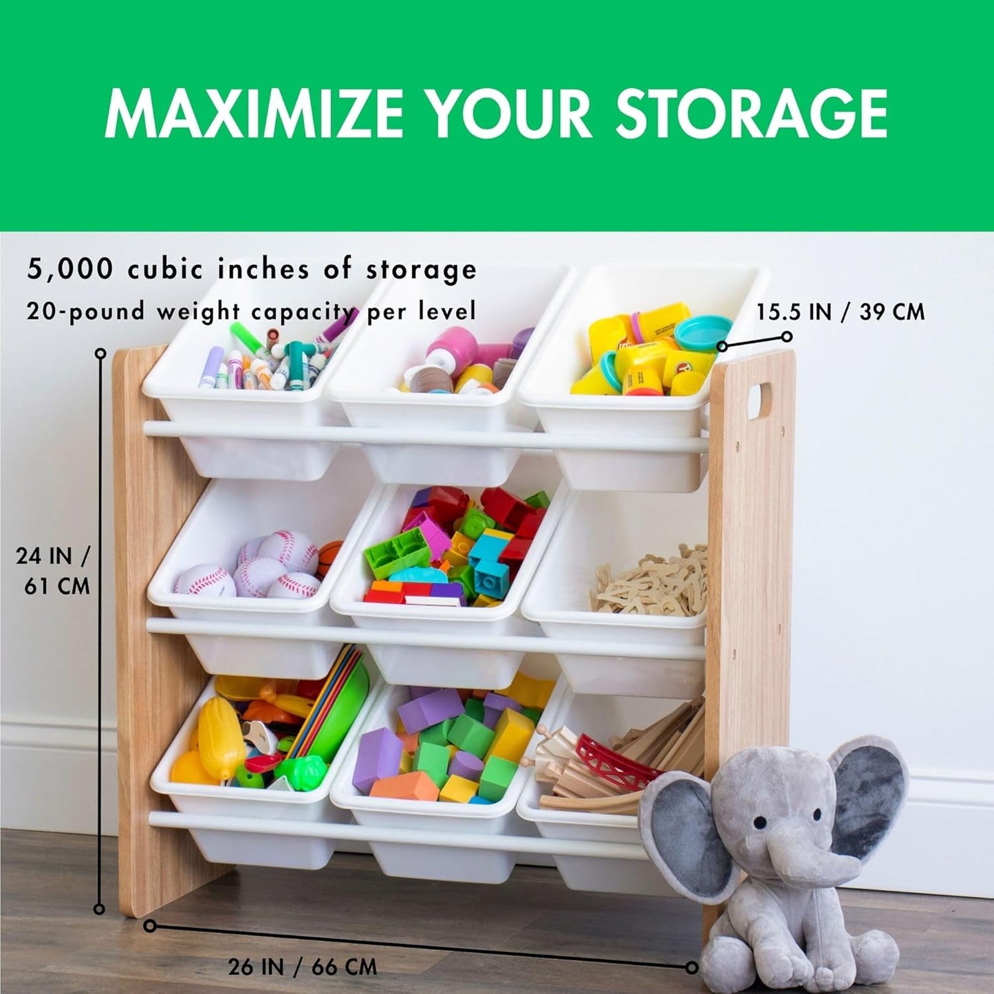 Humble Crew 9-Bin Toy Organizer – Journey Natural Wood with White Plastic Bins, 3-Tier Storage Solution for Kids' Playrooms and Nurseries