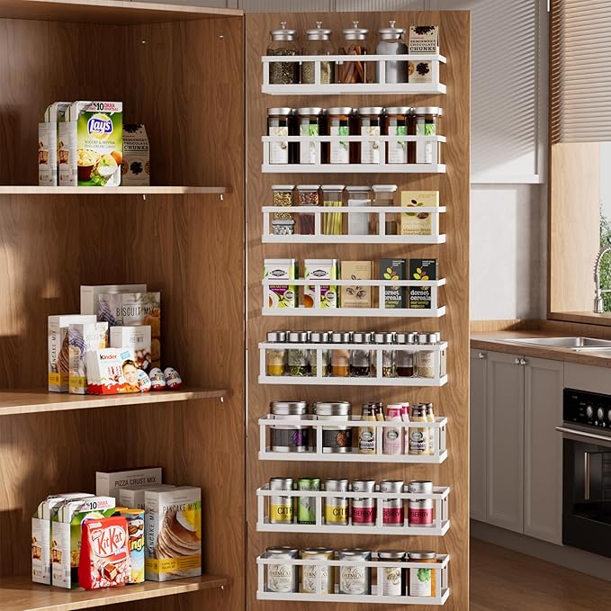 Over The Door Pantry Organizer, 8 Pack Spice Rack Wall Mounted & Hanging Storage Baskets Organizer Wall Mount, Large Capacity Metal Spice Shelf for Kitchen Cabinet, Bathroom, Shower, Home Decor