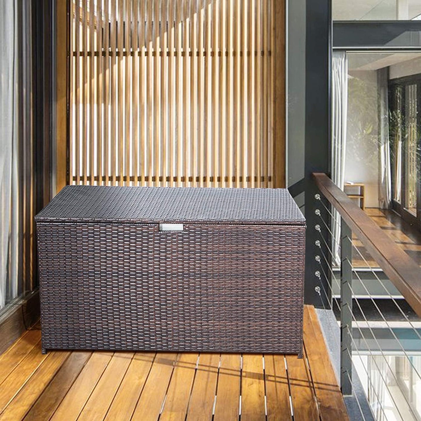 Super Patio Wicker Outdoor Patio Storage Box Waterproof, 120 Gallon Large Deck Box Rattan Storage Bin for Cushions, Garden Tools, Pool, Brown