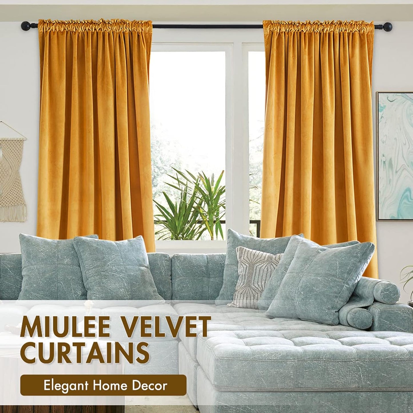 MIULEE Mustard Yellow Velvet Curtains Thermal Insulated Blackout Curtain Fall Drapes for Bedroom Living Room Darkening 90 Inches Long Curtains Panels Rod Pocket Set of 2