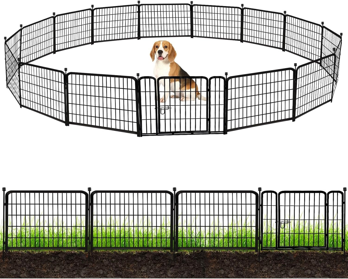 ADAVIN 24 in(H) Garden Fence with Gate, 14 Panels Heavy Duty Iron Metal Animal Barrier Fence, Camping Fence, Garden Fences and Borders for Dogs,Total 34.5 Ft(L), Black