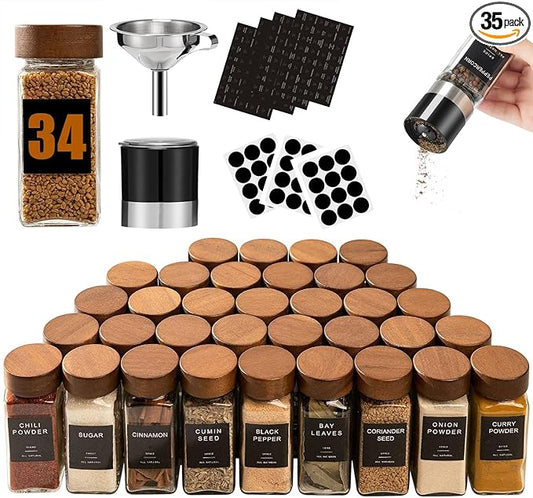 Yangbaga 34Pcs Glass Spice Jars with Labels-4oz Acacia Wood Lid Square Spice Containers with Pepper Grinder Lids &Funnel,Seasoning Jars for Rack Cabinet Drawer