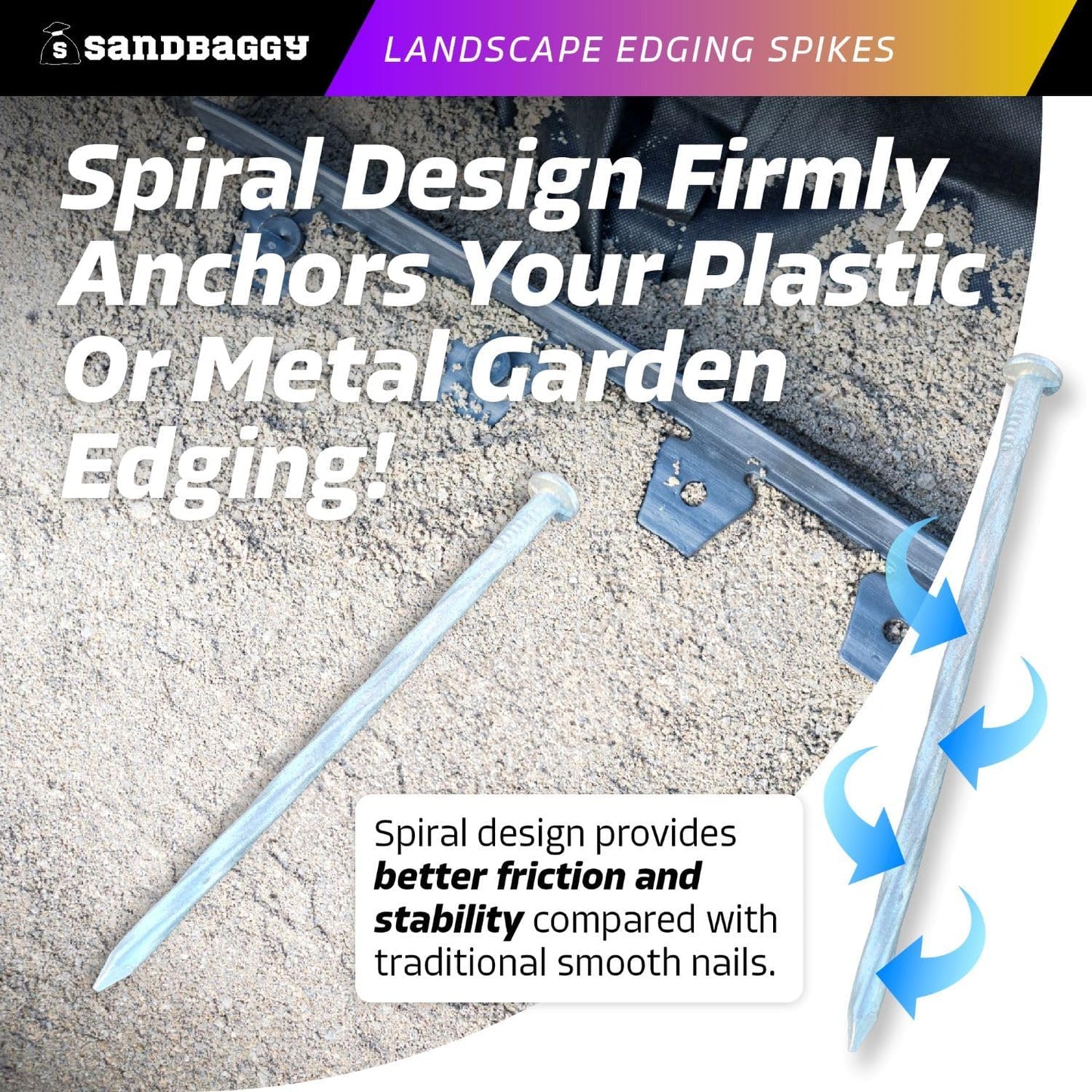 Sandbaggy 6 inch Galvanized Landscape Edging Spikes - Spiral Landscape Nails - 7 Gauge Steel - Great for Hard Rocky Soil - Also Great for Paver Edging, Artificial Turf, Landscape Fabric (200, 6 inch)