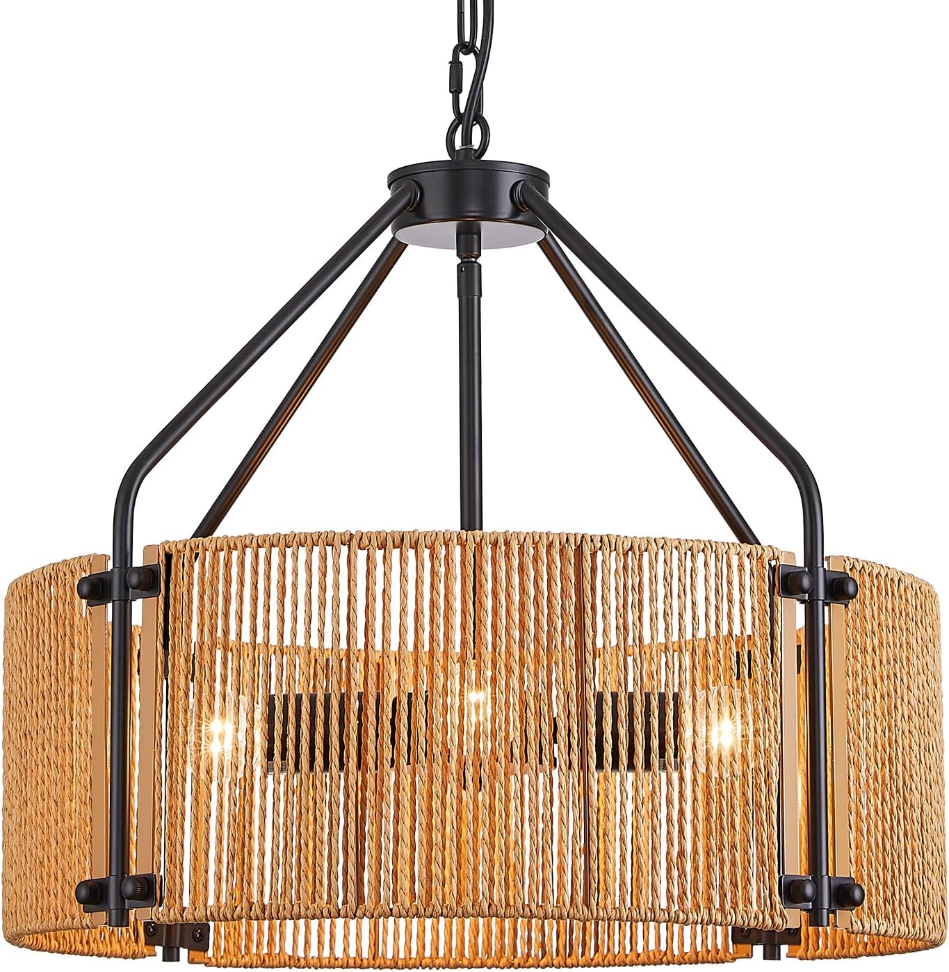 18.1" Rattan Chandelier, 4 Lights Large Black Chandelier Wicker Woven Pendant Light Boho Hanging Lamp for Living Dining Room Foyer Kitchen Island Entryway Foyer, E26, Height Adjustable