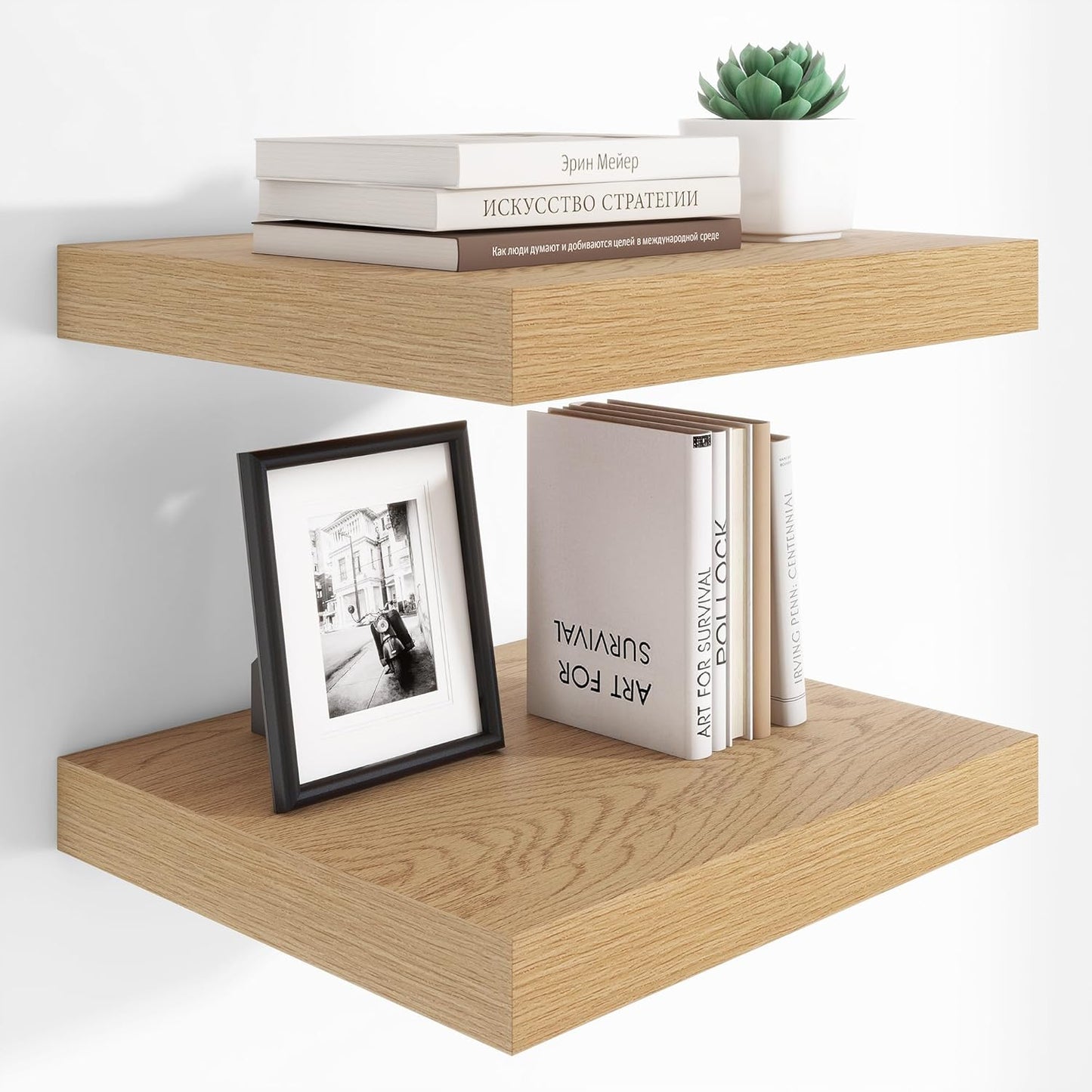 Heimlove 12 Inch Deep Floating Shelves, 16 x 12 inches Long Wall Shelf, Large Extra Display Shelf & Storage Shelf, Rustic Wood Wall Shelves for Fireplace Mantel, Oak - 2Pack