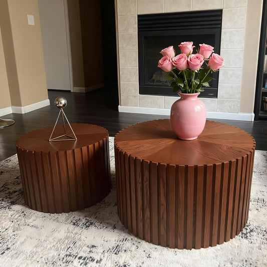 Round Nesting Coffee Table Modern Fluted Coffee Table Set of 2 Circle Drum Coffee Tables Small Round Accent Side End Table for Living Room No Assembly (Brown 27in)