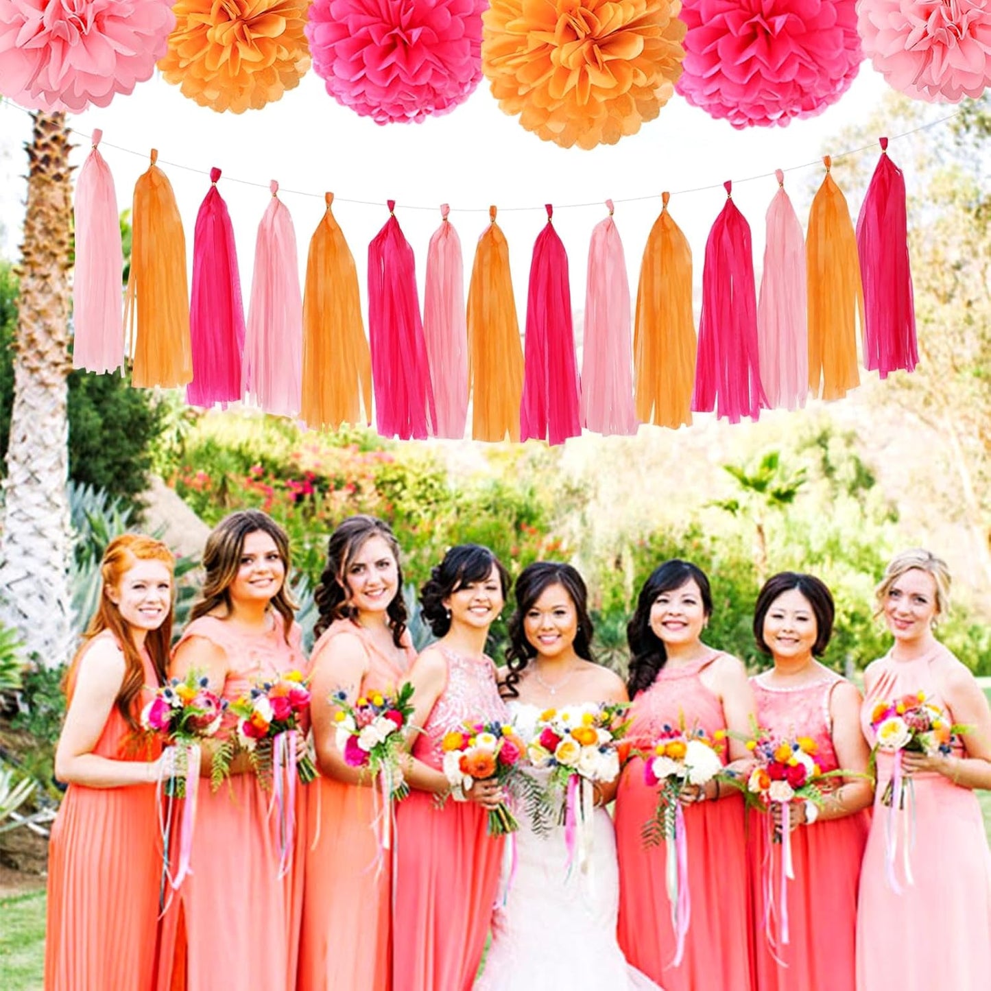 Hot-Pink Orange Fall Party-Decorations Tassel-Garland - 15pcs Groovy Baby-Shower Birthday Wedding Bridal Tassel, Autumn Thanksgiving Banner Streamers, Engagement Bachelorette Sunset Decor Panduola