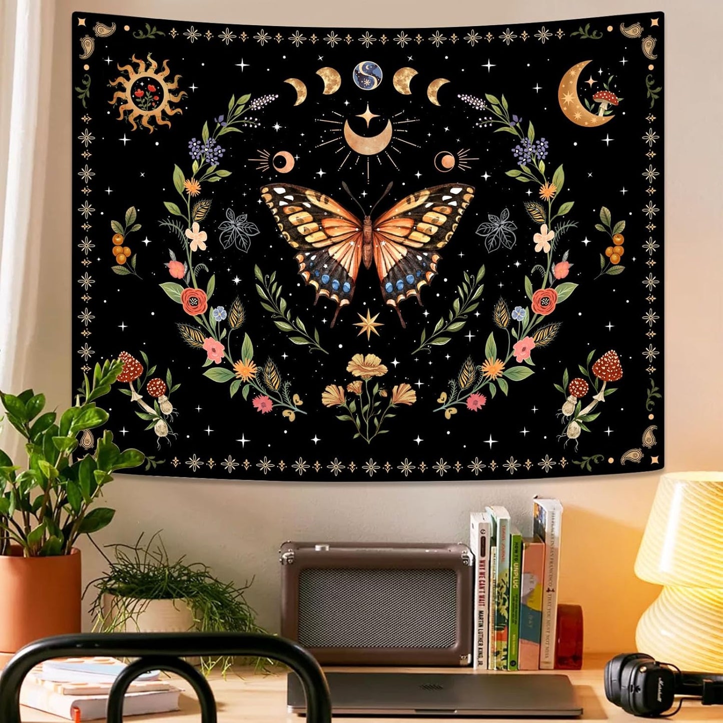 Lunerfex Boho Butterfly Tapestry Flower Moon Wall Tapestry, Moon Phases Tapestries for Bedroom Cute Tapestries Wall Hanging for Bedroom Living Room Decor Butterfly-1 60"x80"