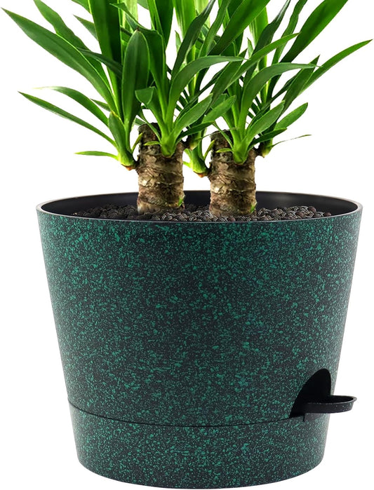 Self Watering Pots for Indoor Plants,12 inch Planters with Drainage Holes Plastic Flower Pots with Deep Reservoir, Black with Green Speckles