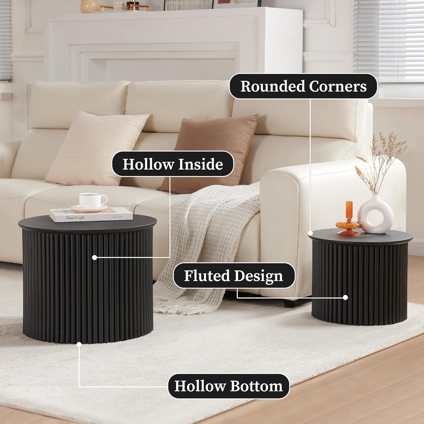 Small Fluted Round Nesting Coffee Table Set of 2, Mid Century Modern Coffee Table Circle Side Table, Wood Nesting Table Farmhouse End Tables Set for Living Room, Bedroom, Small Spaces(Black