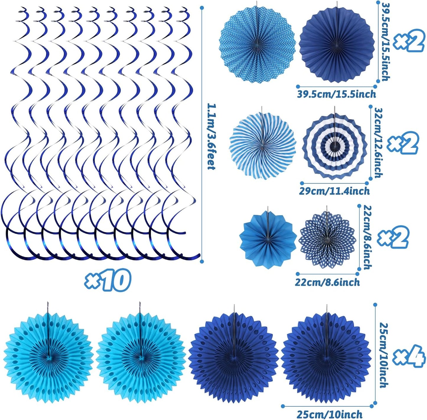 Blue Party Decorations, Easy Assembly Paper Fan Honeycomb Ball Garland Hanging Swirl Navy Blue Party Supplies for Boy Men Graduation Birthday Bridal Shower Baby Shower Party Decorations