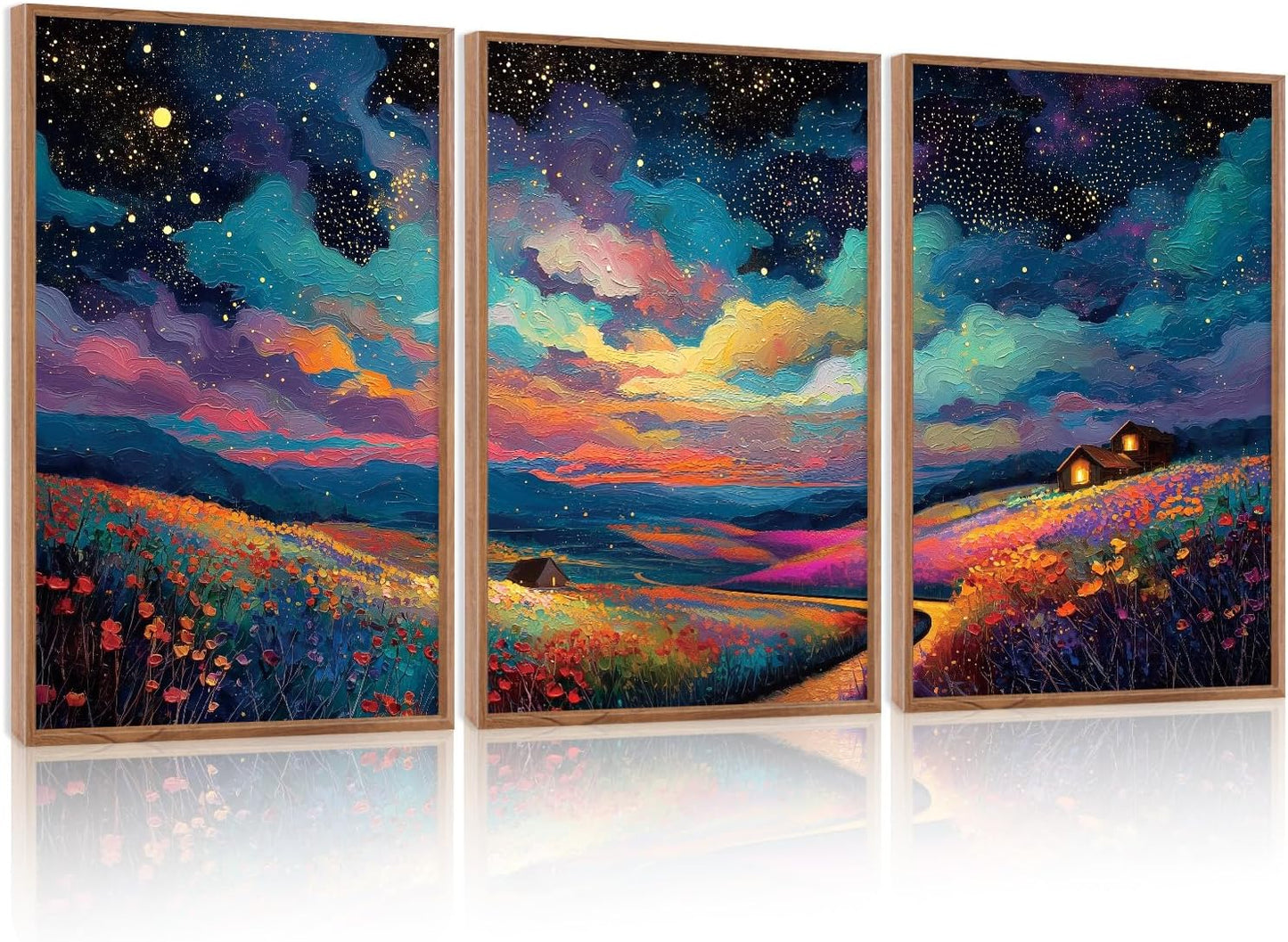 KAIRNE Framed Abstract Midnight Canvas Wall Art,Starry Night Prints Set of 3(16”X24”),Colorful Wildflowers Wall Decor,Nature Night Scene Paintings for Living Room Bedroom office Farmhouse Decoration