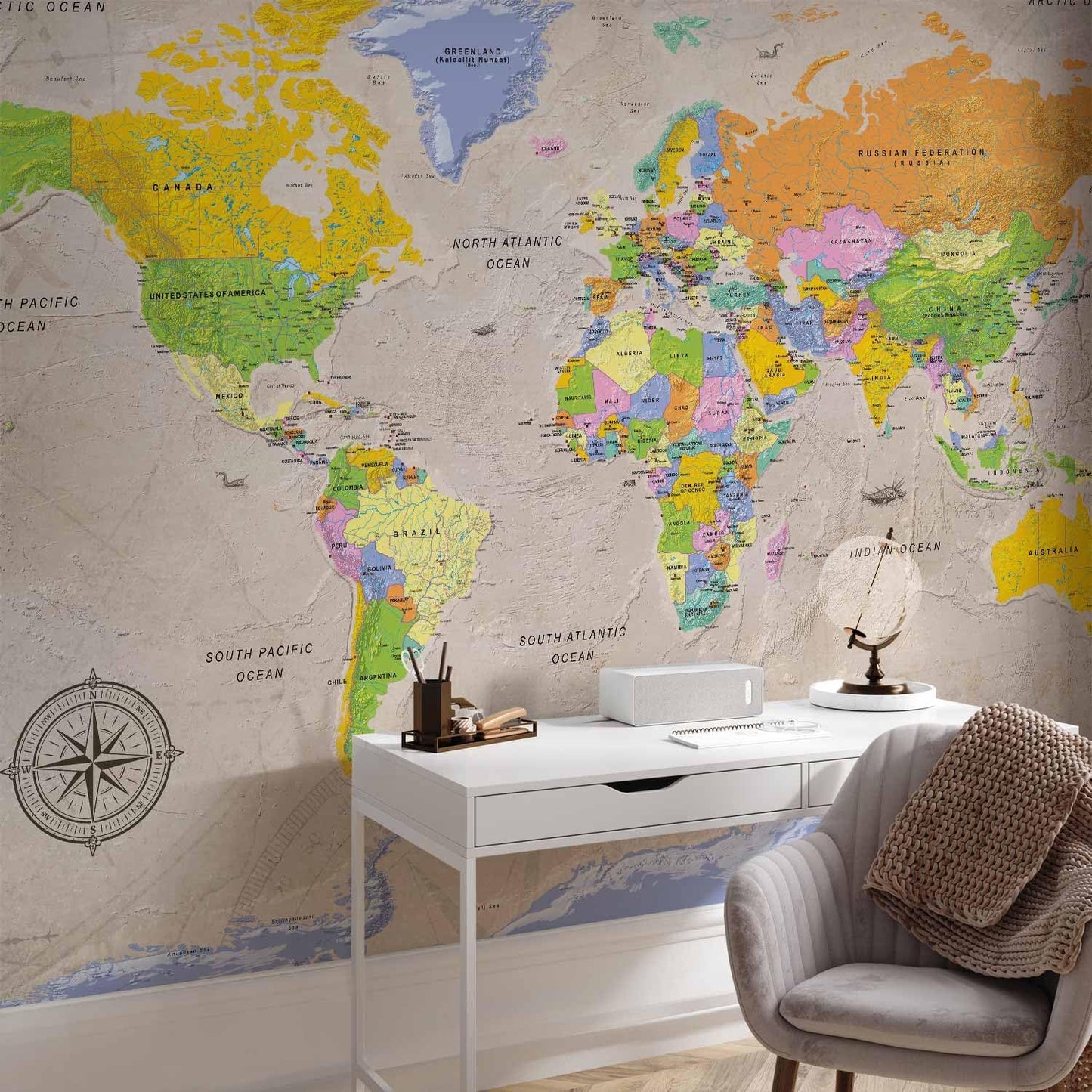 artgeist Premium Wall Mural World Map 138x101 in - XXL Non-Woven Wallpaper Fleece Wall Decor Photo Print Picture Image Design Home Map of The World k-A-0129-a-a
