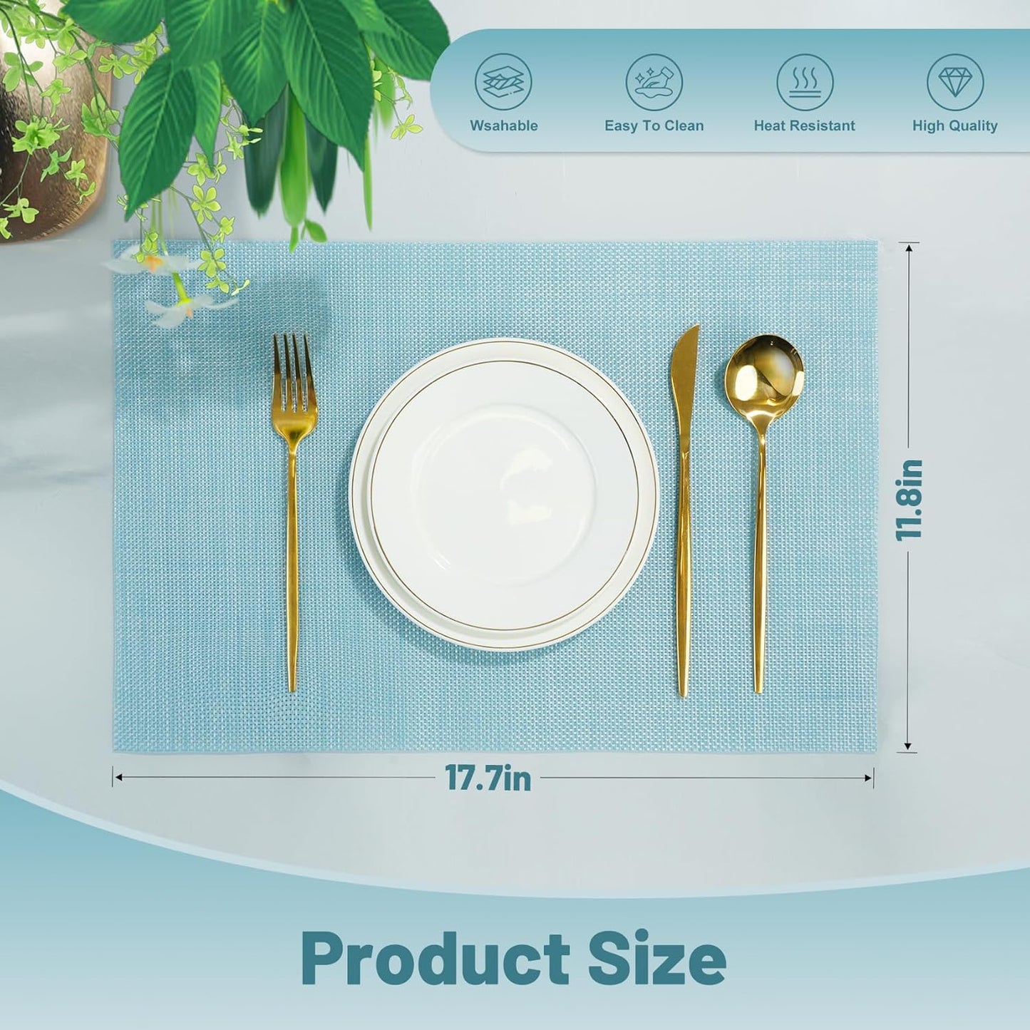 Placemats Set of 12，Non-Slip PVC Weave Table Mats Easy to Clean，Heat Resistant Place Mats for Kitchen Dining Table Decoration Indoor Outdoor，Blue