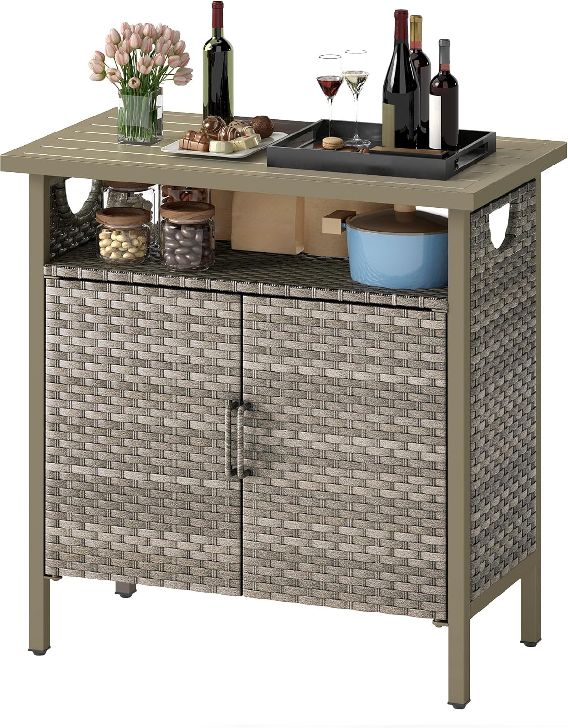 DWVO Patio Storage Cabinet, Outdoor Buffet Cabinet with Two Doors and Shelves, Outdoor Storage Table with PE Rattan for Patio, Backyard, Garden - Light Brown