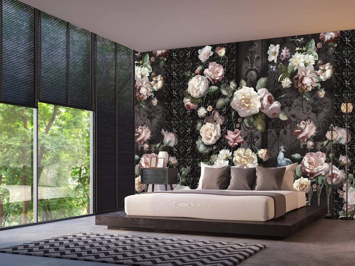 Cliouar-Black Fence Bird Peacock Pink Yellow White Rose 3D Mural Wallpaper Bedroom Living Room Decor Peel and Stick 98" x 58"