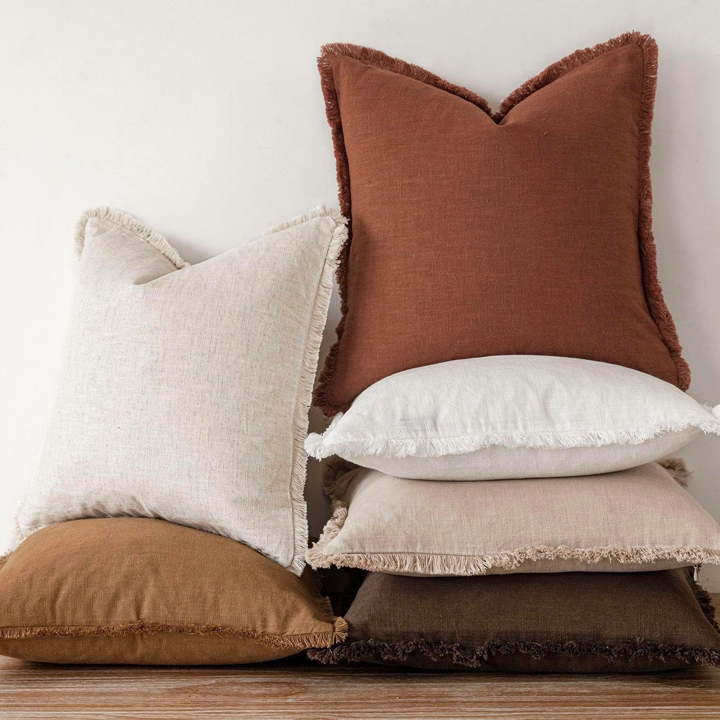 Foindtower Set of 2 Decorative Linen Fringe Throw Pillow Covers Boho Farmhouse Cushion Cover with Tassels Soft Accent Pillowcase for Couch Sofa Bed Living Room Home Decor,18×18 Inch,Orange Brown