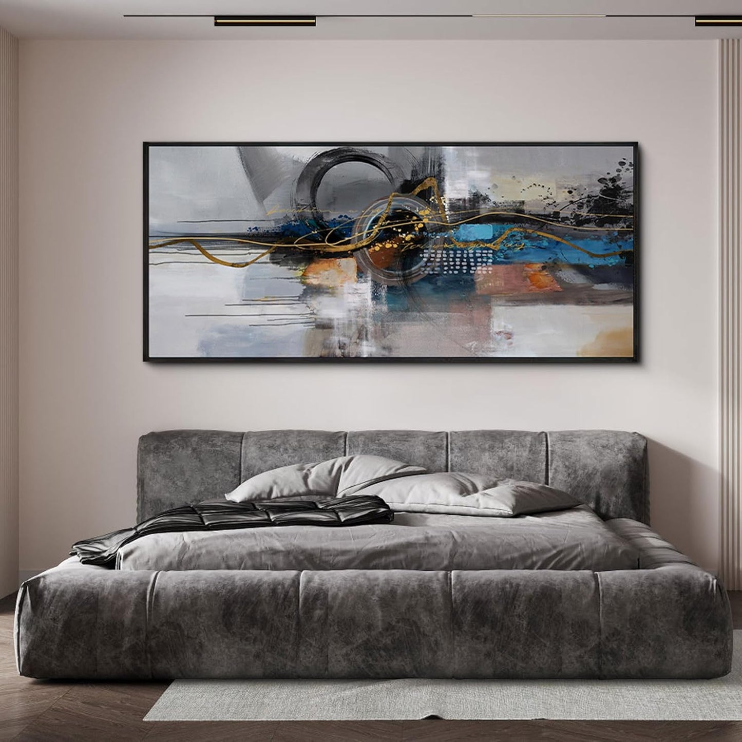 XLSJERST Oversized Wall Art for Living Room Abstract Wall Decor - City Abstract Pictures Extra Large Canvas Artwork for Bedroom Office Blue and Grey Wall Art